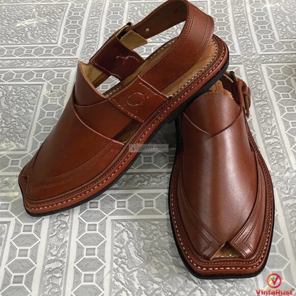 Authentic Shinny Brown Leather Peshawari Chappal, Brown Suede Handmade Sandals, - Picture 5 of 8